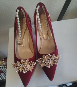 Red Velvet Pointed-Toe Heels with Pearl Embellishments