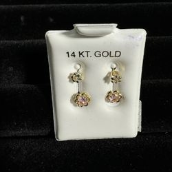 14 K Yellow Gold Pink Stone Baby Girl Stud Earrings 