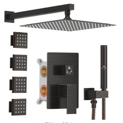 12 Inch Matte Black Rain Shower Head System 4 Full Body Jets Set, Wall Mounted High Pressure Rainfall Shower Faucet Fixtures Combo with 2 in 1 Handhel