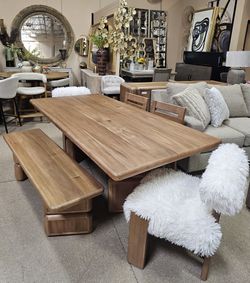 Modern 6pc Contemporary Acacia wood Dining Set with double pedestal table