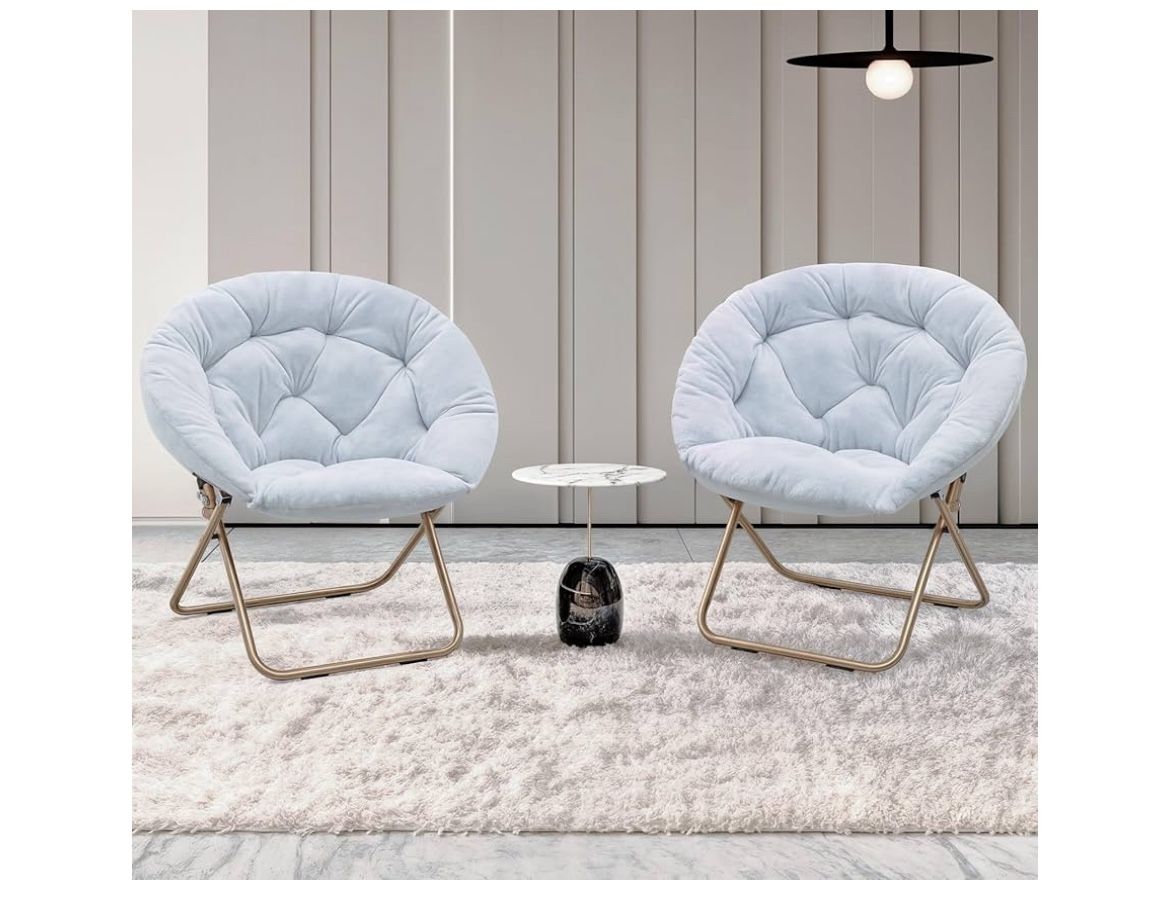 Round Folding Faux Fur Saucer Chair for Bedroom Living Room Dorm Foldable Metal Frame Oversized Large Comfy Furry Padded Soft Lounge Lazy Co