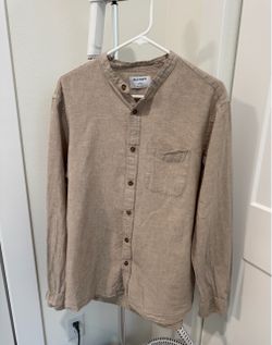 Old Navy Men’s Linen Blend Band Collar Button Down Shirt Beige Size L
