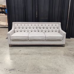 Grey Fabric Tufted Back Couch with Wood Base