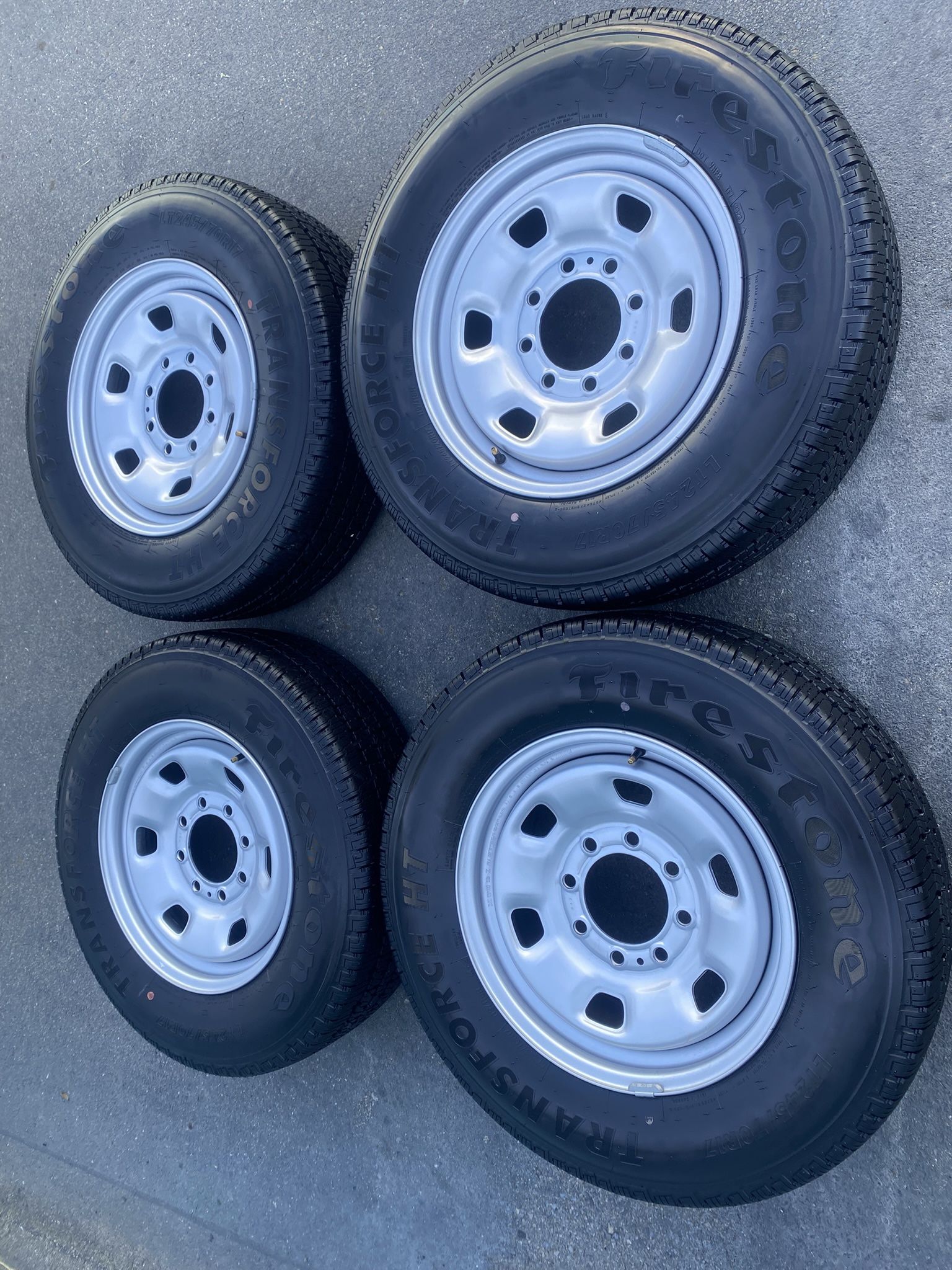 Dodge 2500 8 Lug Steel Wheels / Firestone Transforce H/T LT 245 70 17 TIRES