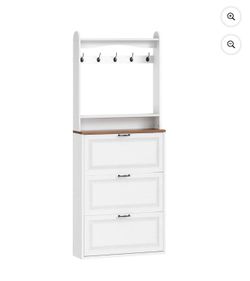 Shoe Storage Cabinet, Narrow Shoe Organizer with Coat Rack, Shoe Cabinet with 5 Hooks and 3 Flip Drawers, Hall Tree with 2 Open Storage Shelves, for E