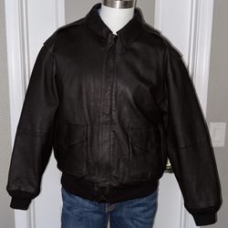 Men's Airborne Leather Bomber Jacket Size L zip and snap Brown Lined USA Flag