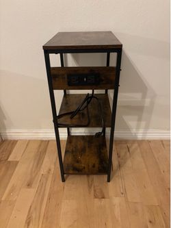 3-Tier Rustic Brown Industrial End Table, Nightstand with USB Charging Station and Power Outlets for Bedroom Living Room