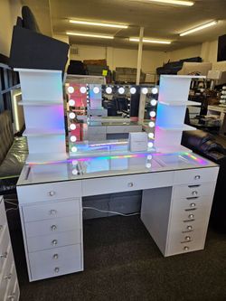 Brand New Vanity Set 14 Drawers W/ Hoñlywood Mirror, RGB Lights, Bluetooth Speaker & 2 Shelves $899