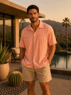 Mr Turk XXL Coral Striped Cotton Blend Camp Shirt