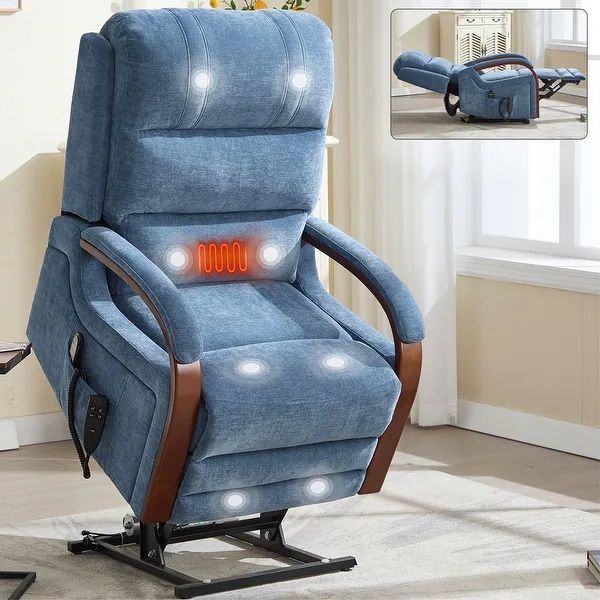 Dual Motor Power Lift 180° Recliner, Lazy Sofa With Wooden Armrests, Heated Massage, Side Pockets