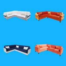 NEW 7X9FT Sectional COUCHES, Dark GREY  COMBO, Print  Combo ,CORAL Fabric, Smoke LEATHER  Sofas  Set  2pc.  More Color FABRIC  Available 