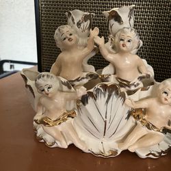 Vintage Royal Sealy Cherub Angel Console Oval Bowl Pair Candlesticks Ceramic