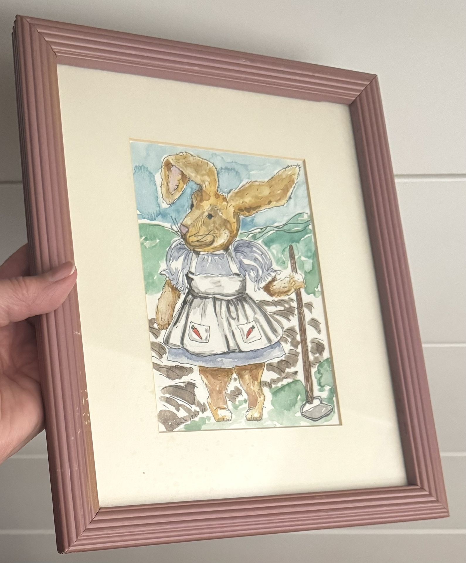 Vintage Original Watercolor Garden Bunny Rabbit Painting by Artist Diane Fales 8 x 10 Framed