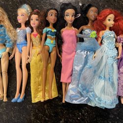 Disney Princess Barbie Doll Lot of 8 Ariel, Tiana, Rapunzel, Jasmine, Pocahontas