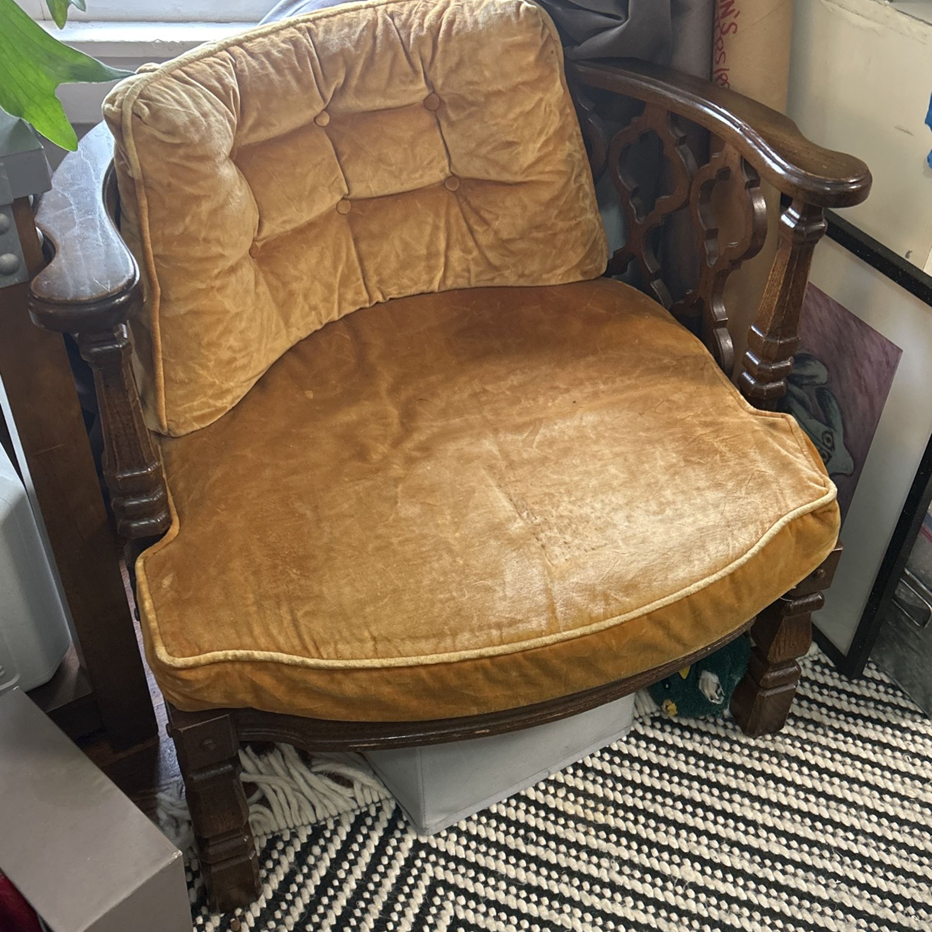 Vintage Carved Wood Barrel Chair