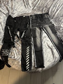Smoke Rise Black Biker Jeans 34x32 - Script Stripes and Straps
