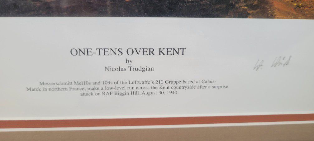 One-Tens Over Kent by Nicolas Trudgian
Hand signed and numbered by Nicolas Trudgian Number 579/600
Print behind glass in a frame.
Size: 37 1/2" x 29"
