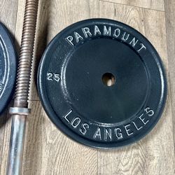 Los Angeles Paramount / Hollywood Standard Plates (plus 10s and 5s)  & 6 ft Standard Gently Used Bar [Total: 100 lbs].