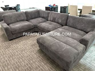 NEW Modern Dark Gray Fabric Deep Seat Modular Piece Sectional Set Large Big Chaise Couch Living Room Spacing Movie Entertainment Game Grey or Beige 