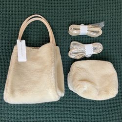 Anthropologie Hollace Tote: Faux-Fur Mini Edition, adjustable straps, beige