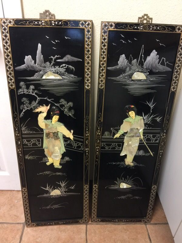 Two-Panel Set - Samurai figures in mother of pearl