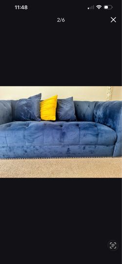 Blue Velvet Tufted Sofa with Nailhead Trim