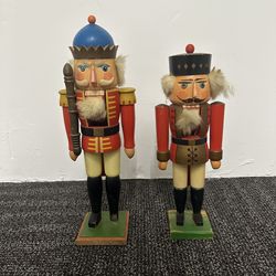 Vintage Wooden Nutcracker Soldiers Set of 2 Hand Painted Christmas Decor