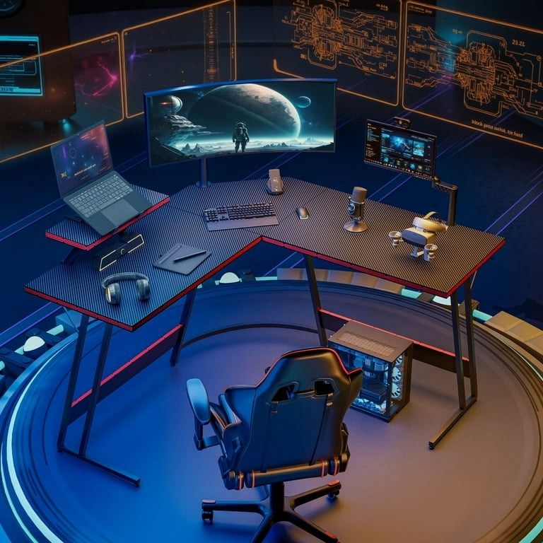 New L Shaped Carbon Fiber Gaming Desk 51 Inch Computer Corner Desk Pc Gaming Desk Table with Large Monitor Riser Stand for Home Office Sturdy Writing
