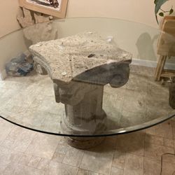Vintage Coastal Coquina Stone Column Dining Table Pedestal With Glass Top — Art Deco — Indoor or Outdoor table