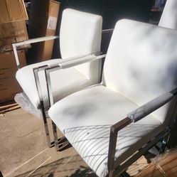 Set of 2 Modern Mid-Century White Dining Chairs, Leather Upholstered Dining Chairs with Chrome Metal Legs for Kitchen, Dining Room, Living Room