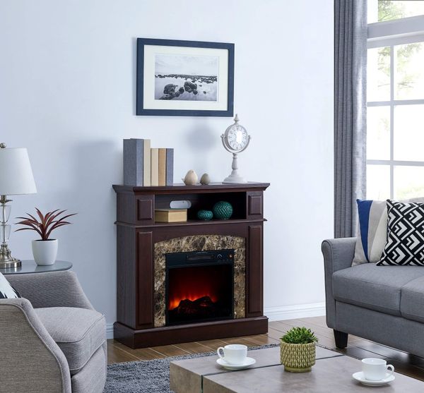 Electric Fire Logs TV Marble Tile Slab Stand Walnut (Cherry) Wood