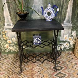 Antique Industrial Cast Iron Rolling Sewing Table with Thick Slate Top