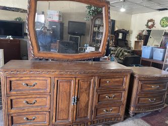 Long Dresser With Mirror and Matching Nightstand 