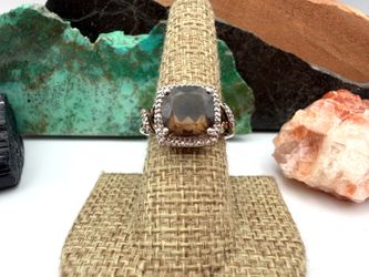 Vintage Smoky Quartz Cushion Halo Square SUN 925 Sterling Silver Ring