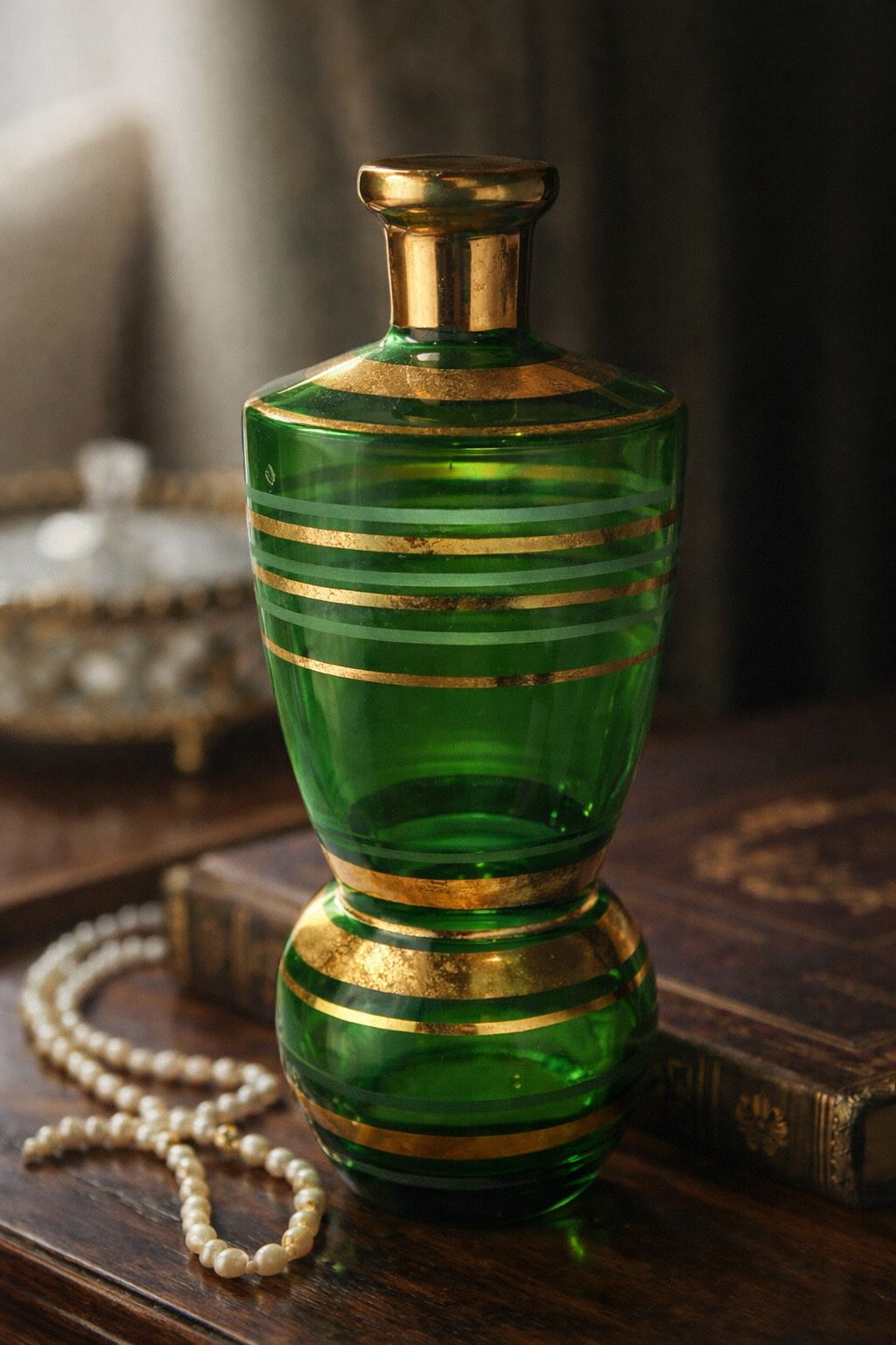 Vintage Emerald Green Glass Vase w/ Gold Gilt Bands | Mid-Century Style