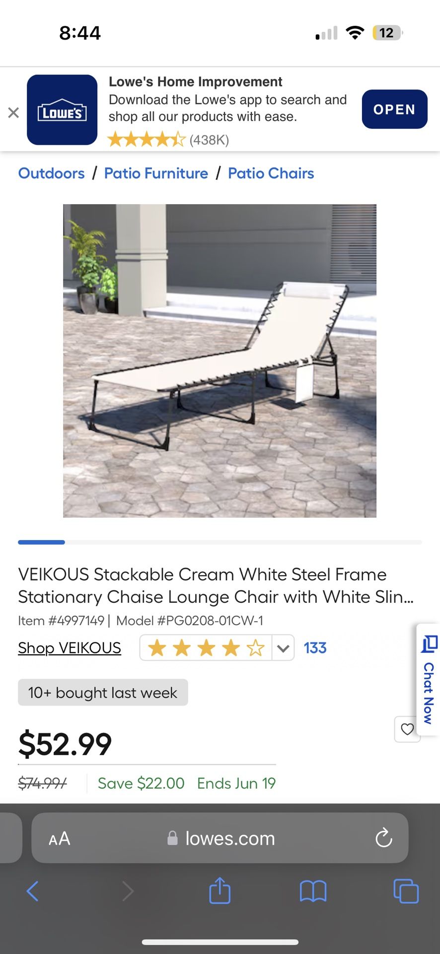 VEIKOUS Stackable Cream White Steel Frame Stationary Chaise Lounge Chair with White Sling Seat Item #(contact info removed) | Model #PG0208-01CW-1