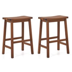 New Set of 2 Solid Wood Saddle-Seat Counter Height Stools with Curved Ergonomic Seat & Footrests