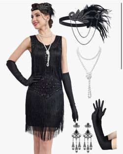 1920s Flapper Dresses for Women, Lace V-Neck Great Gatsby Costumes with Fringe