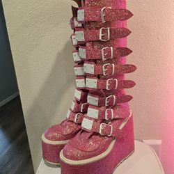 Pink Glitter Demonia Platform Boots (W 9.0)