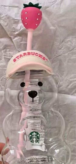 Starbucks 2026 Bear Shaped Clear Cup w/Pink Straw, Strawberry Topper, White Cap