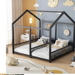 Double Montessori Floor Bed with Fence & Roof for Two Kids Teens
