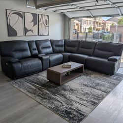 Living Spaces Black Leather Power Reclining Modular Sectional - Like New - Free Delivery