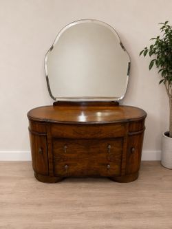 Vintage Art Deco Figured Walnut Vanity with Original Mirror