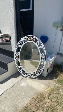 Wall mirror beautiful style white color good condition  easy to hang up clean size 39.5”x30”