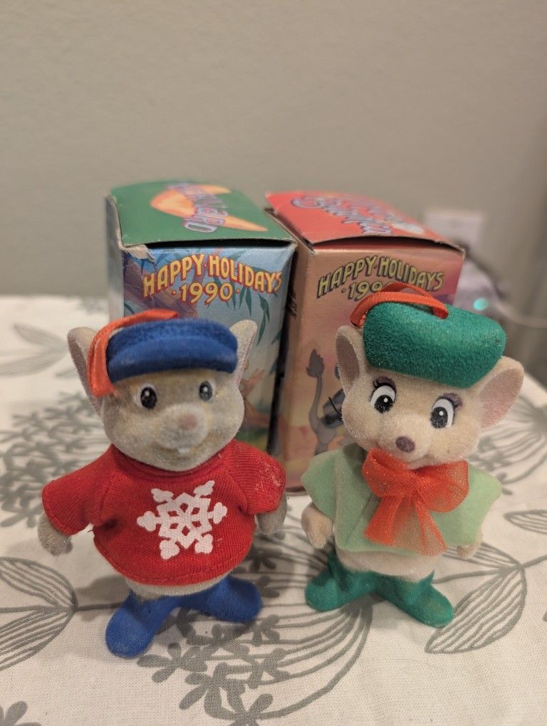 Disney The Rescuers Miss Bianca & Bernard Mouse Christmas Ornaments Flocked Set