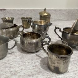 Lot Set of 9 Silver Pewter Pieces, Vintage Antique Patina