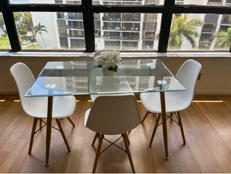 Modern Glass Dining Table Set with 4 white chairs
