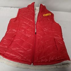 Womens Kansas City Chiefs Faux Fur Puffer Vest WHITE RED Revesible