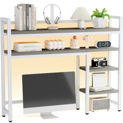 5 Tier Wooden Desk Hutch Desktop Shelf White with Colorful RGB Lights Bookshelf Organizer Kitchen