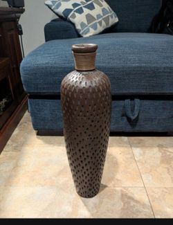 22 3/4" x 6" Ceramic Rustic Brown Floor Vase w  teardrop pattern & coiled accent at top